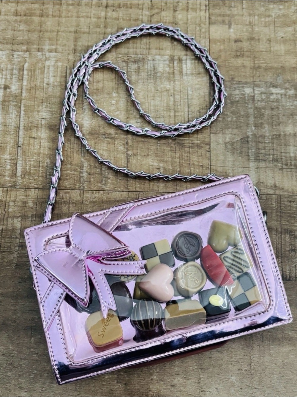Dolls Kill Sugar Thrillz Crossbody metallic pink purse THE SWEET LIFE CHAIN